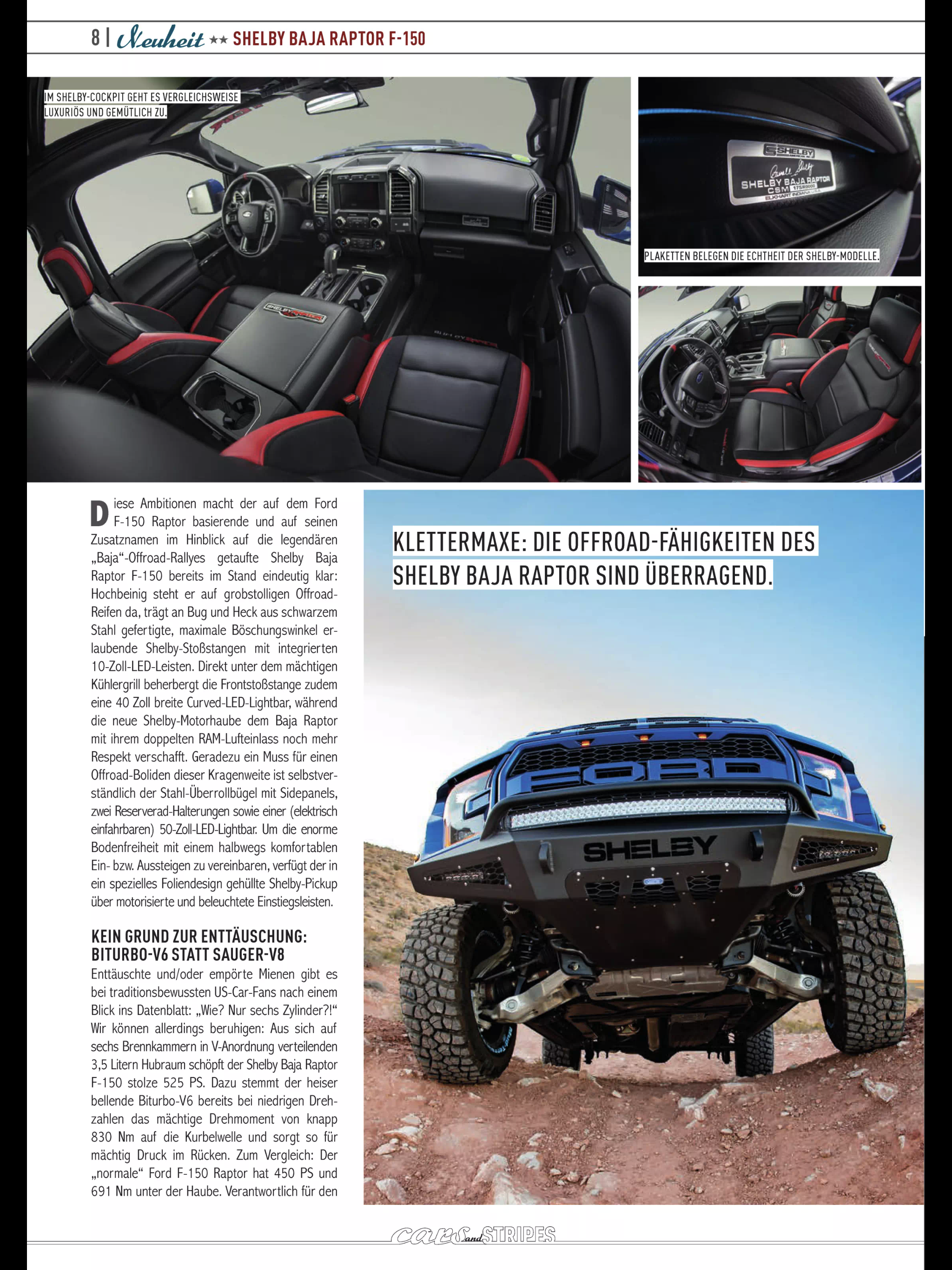 Cars & Stripes — Baja-Badass by Shelby article opening spread with blue Raptor in desert