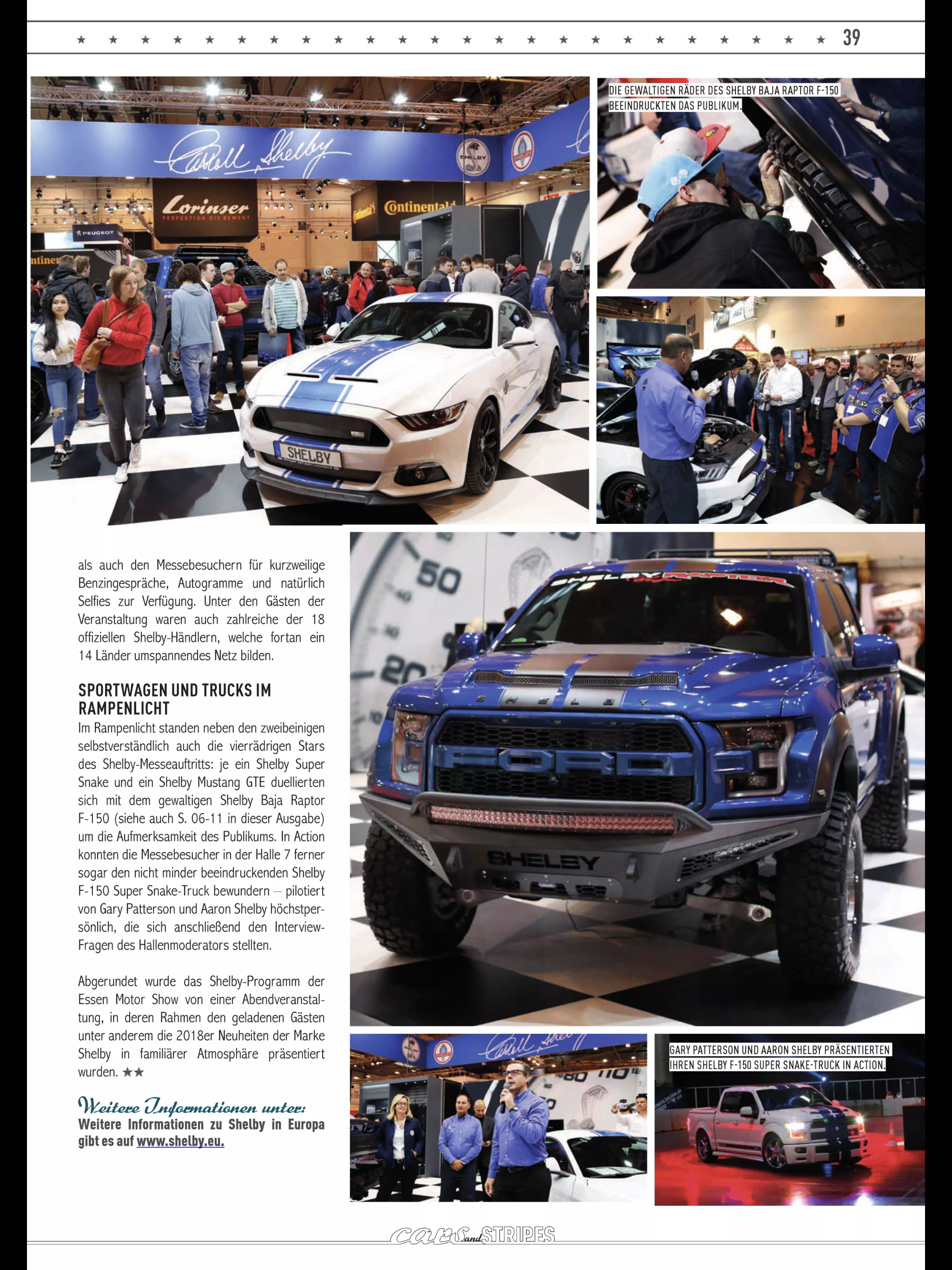 Cars & Stripes — Shelby Essen Motor Show special pages 38–39 with stand photos and Volkhard Juergens
