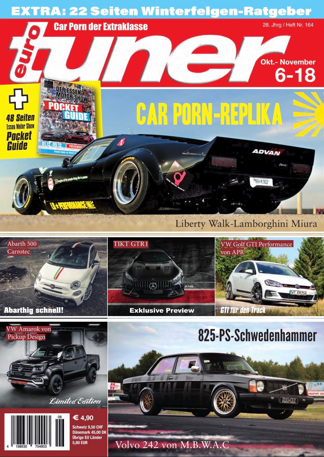 Euro Tuner Nr. 164 cover — Liberty Walk Lamborghini Miura, Essen Motor Show Pocket Guide, Abarth 500 Carrotec, TIKT GTR1, VW Golf GTI APR