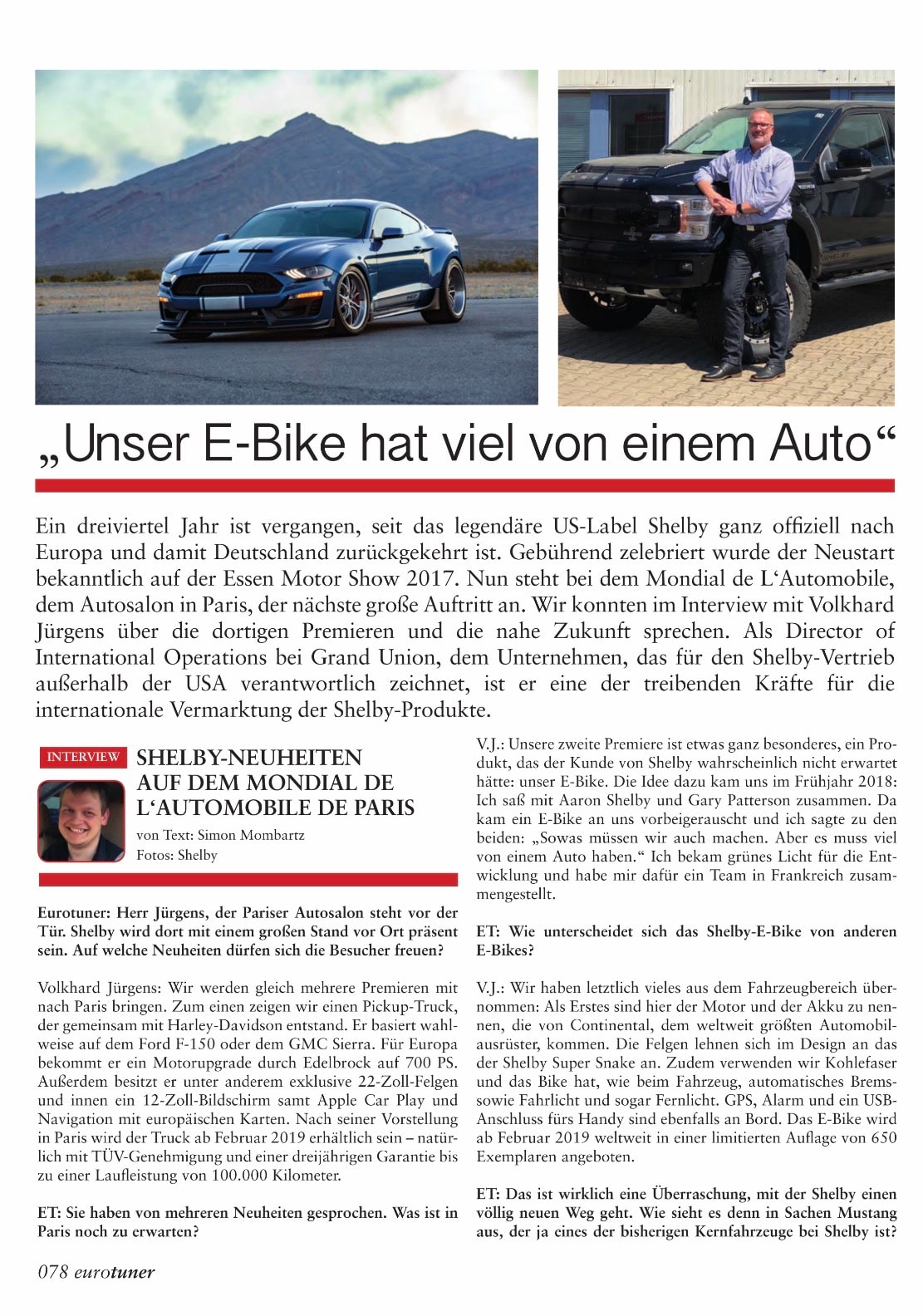 Euro Tuner — page 78, Volkhard Jürgens interview opening with blue Shelby Mustang GT and Shelby e-bike at Mondial de l'Automobile Paris