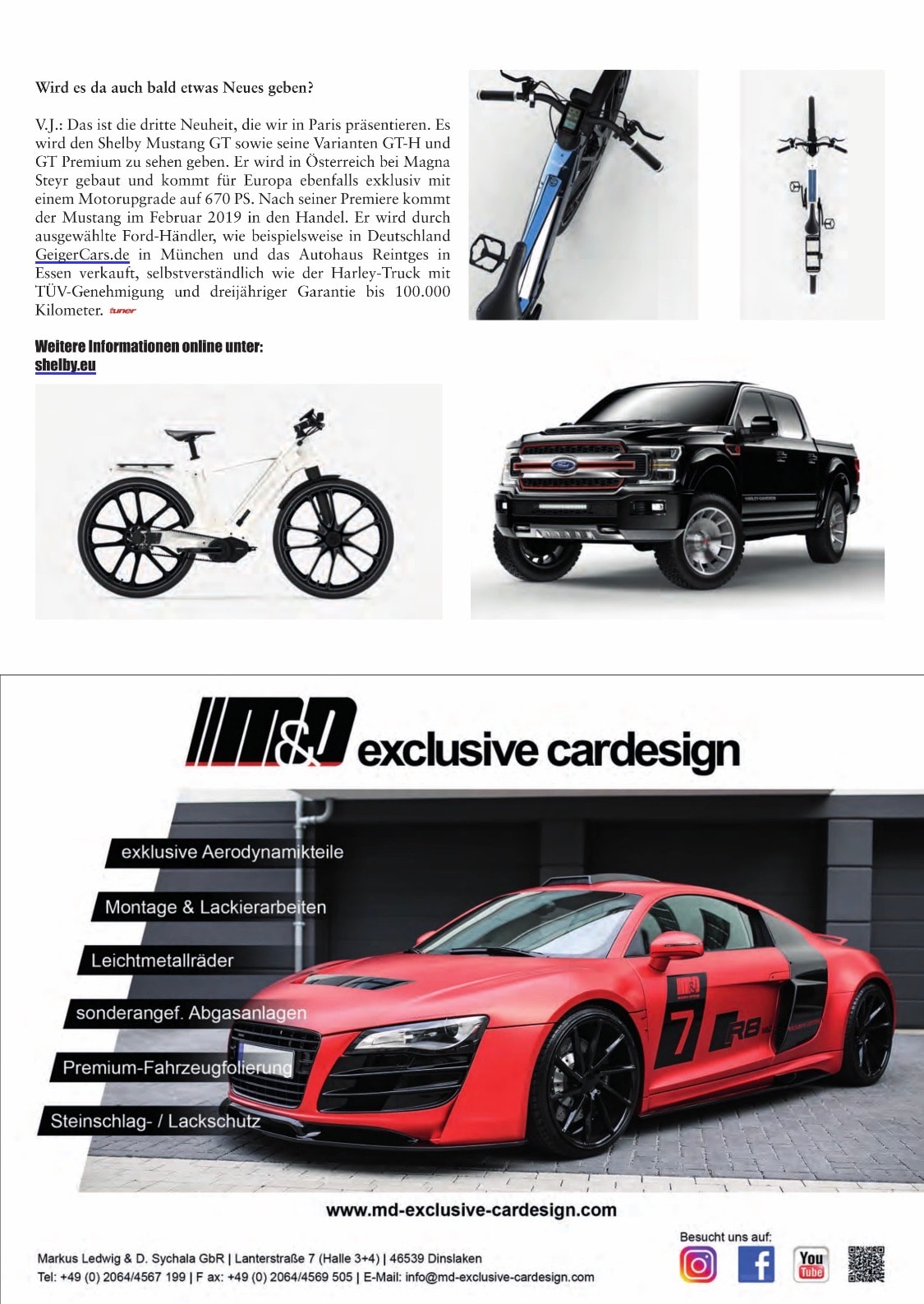 Euro Tuner — page 79, continuation of Volkhard Jürgens interview with Shelby e-bike and Harley-Davidson truck details, plus M&D Exclusive Cardesign advertisement