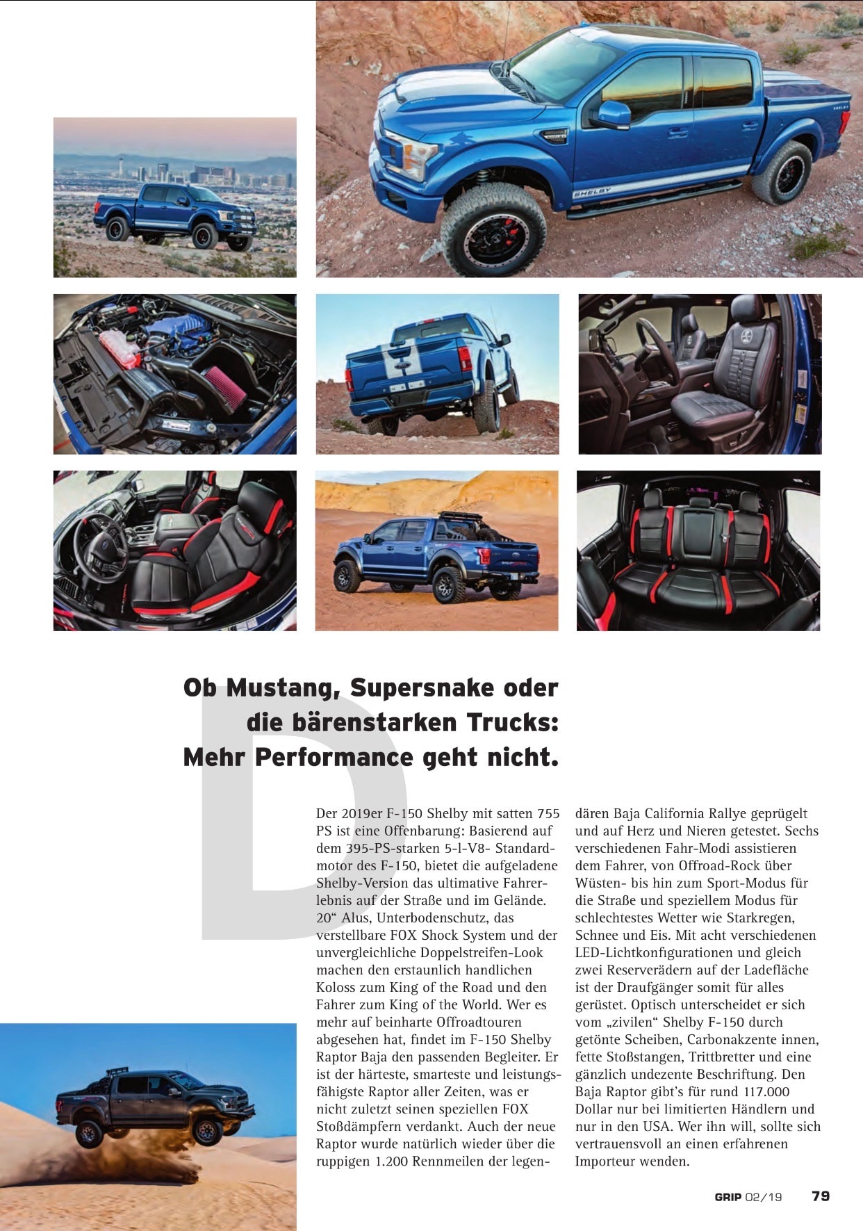 GRIP — Shelby Baja Raptor page 79, nine-photo collage of blue F-150 interior, engine, and off-road shots with GUA Autotrade B.V. mention