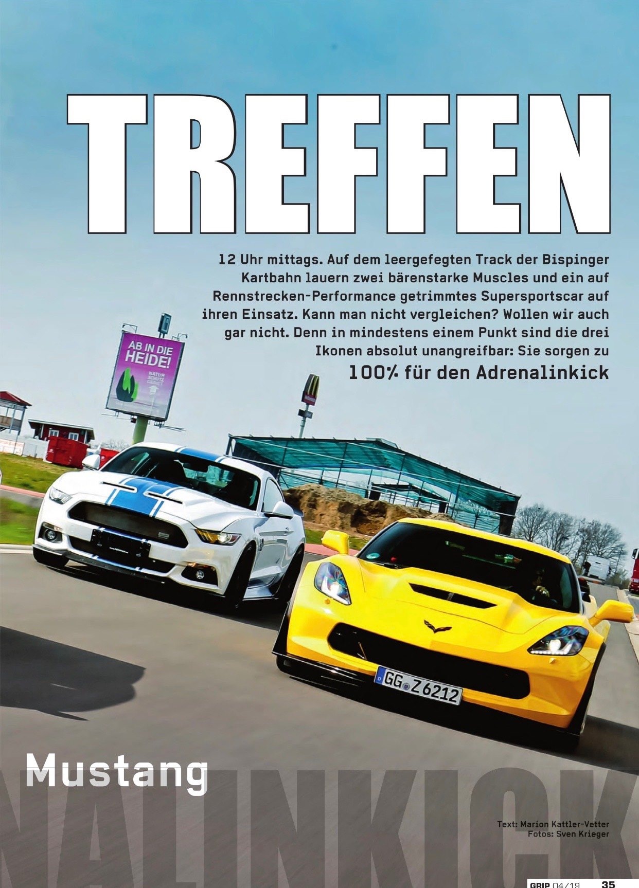 GRIP — Treffen opening page 35, white Shelby Super Snake and yellow Corvette racing at Bispinger Kartbahn track