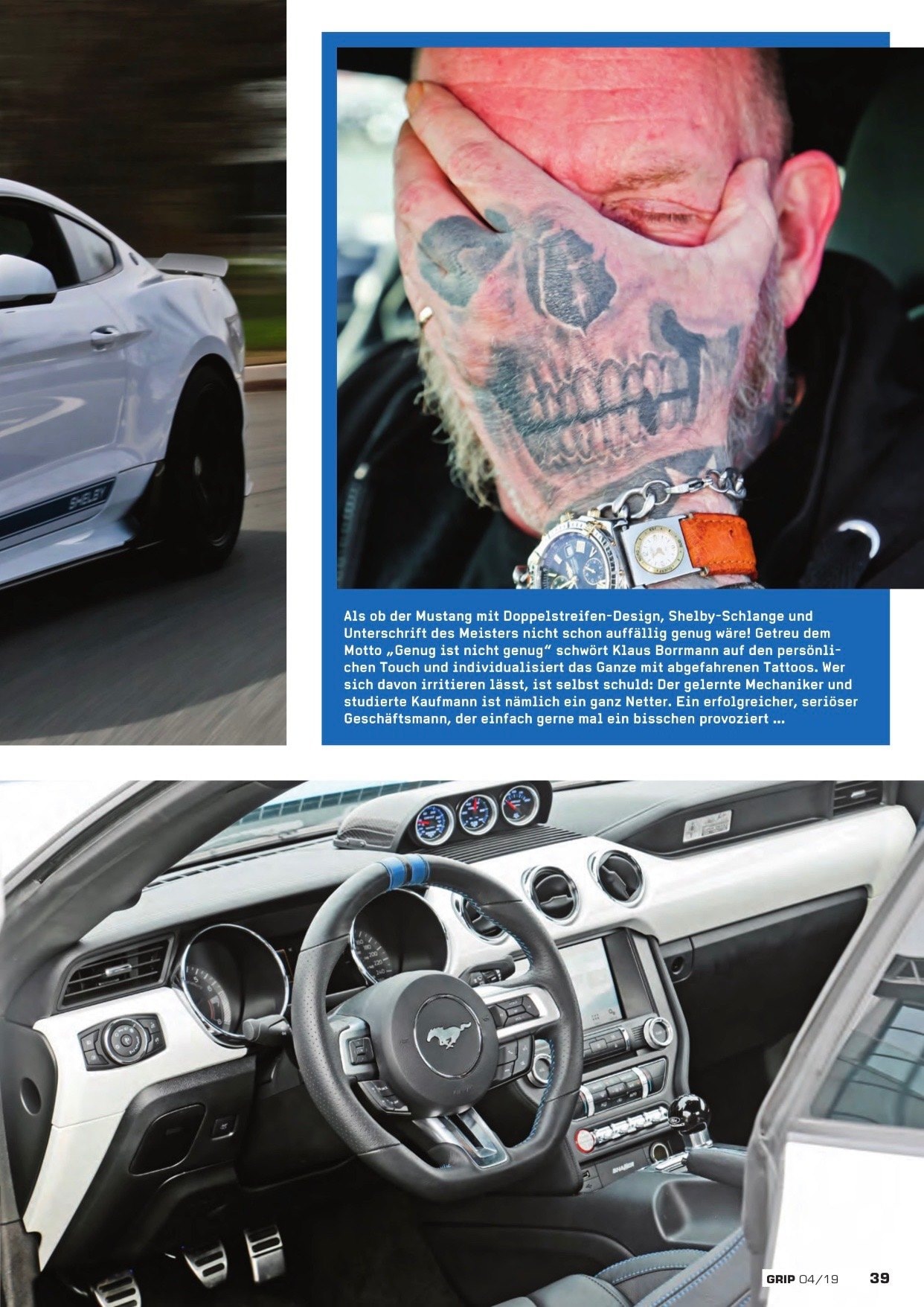 GRIP — Treffen page 39, Shelby Super Snake side profile, tattooed owner Klaus Borrmann portrait, and Mustang interior detail