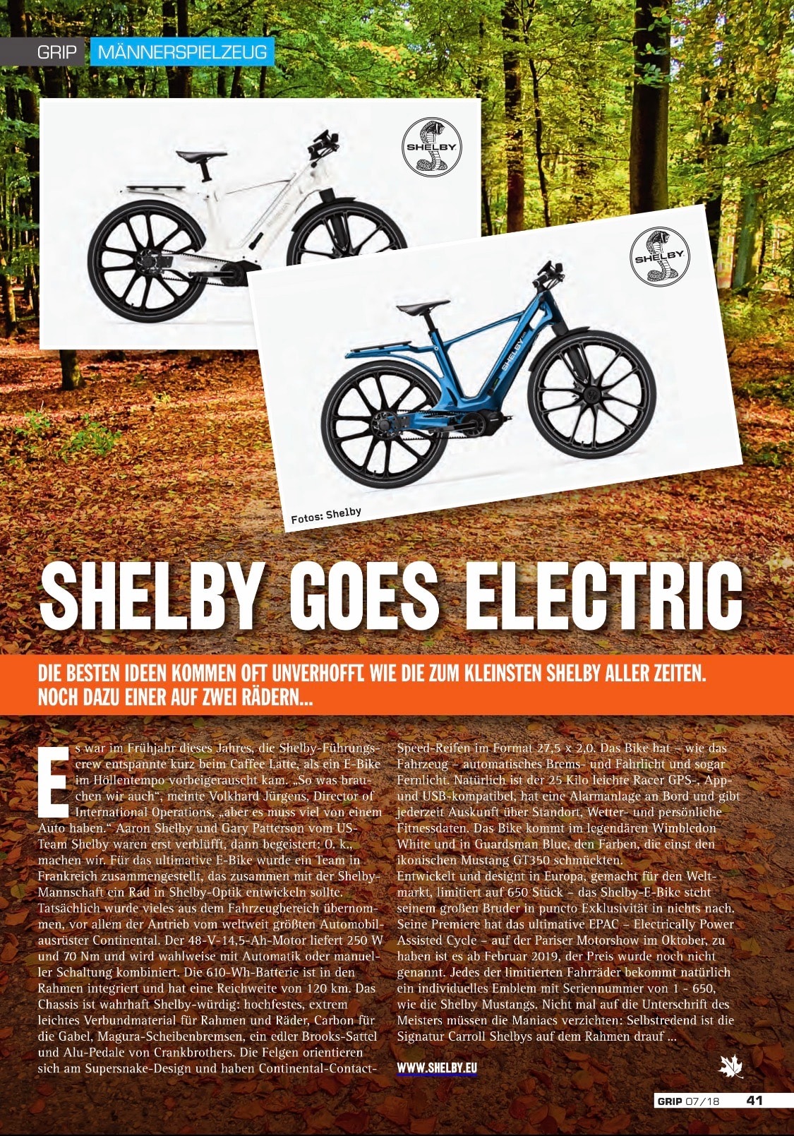 GRIP 07/18 — Shelby Goes Electric page 41, white and blue Shelby e-bikes with Cobra badge in autumn forest, Männerspielzeug section