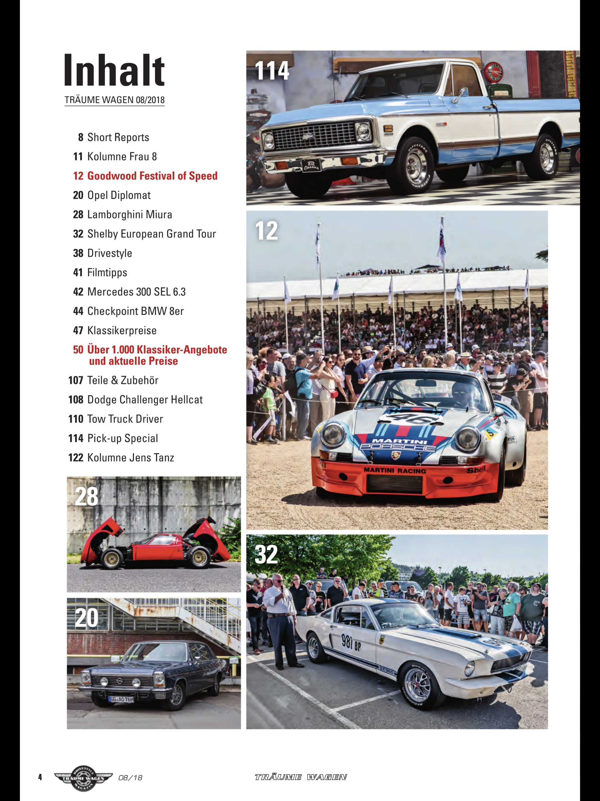 Träume Wagen 08/2018 — table of contents showing Shelby European Grand Tour at page 32